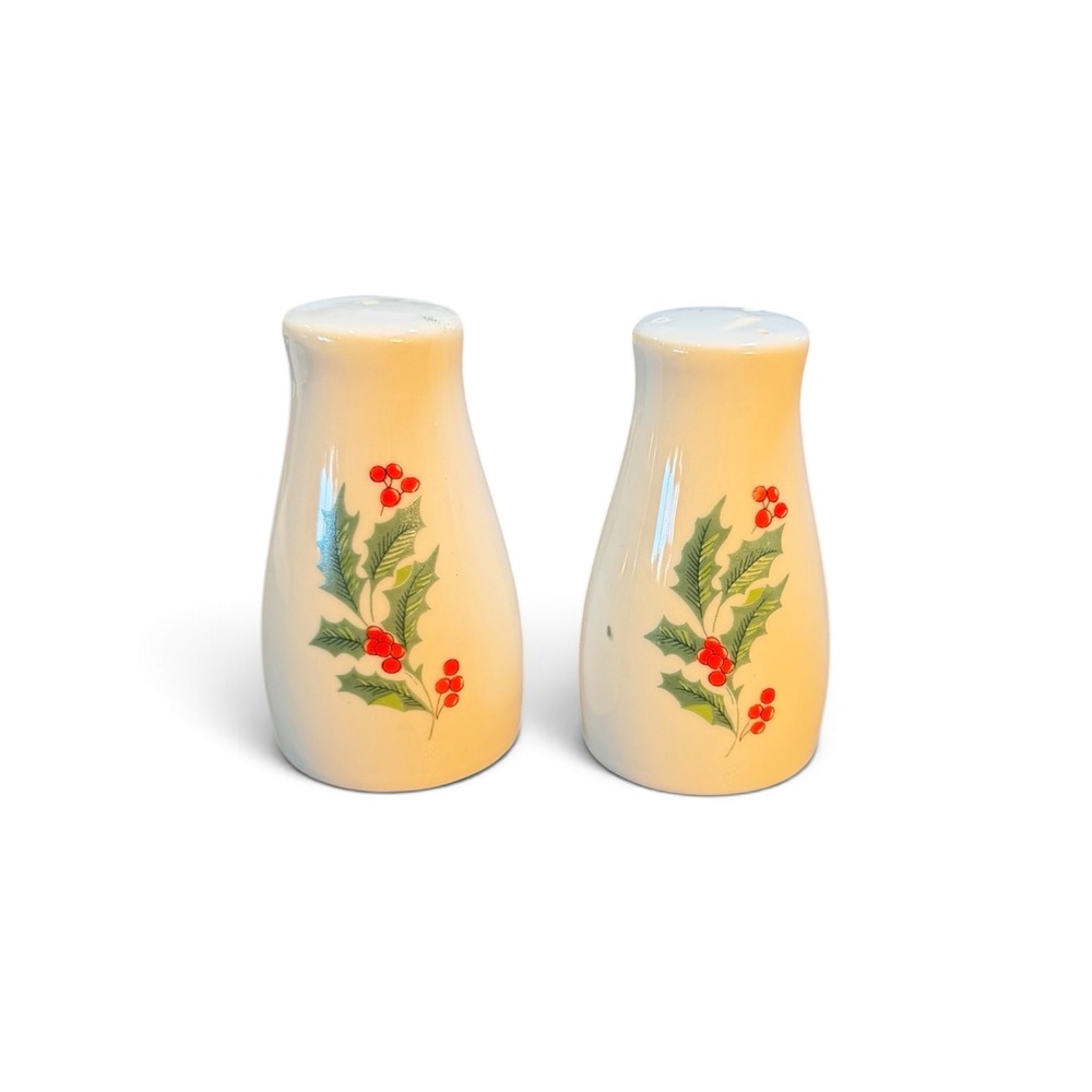 Vintage Christmas Holly Berry Ceramic Salt and Pepper Shakers Set Cream Holiday